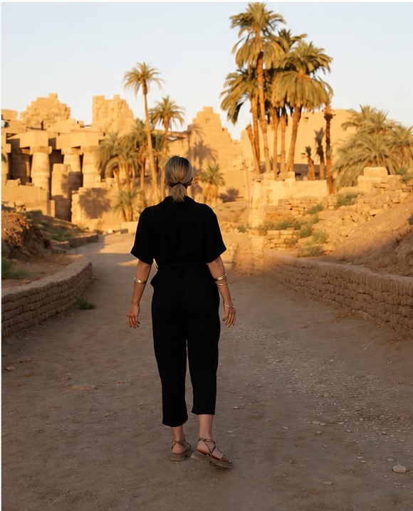 Michaela walking through an ancient landscape