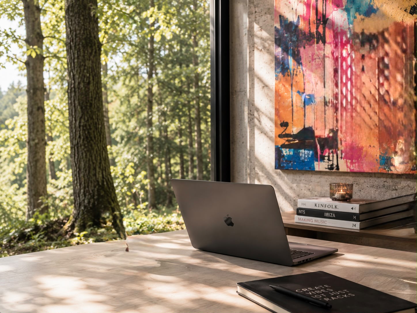 A creative workspace surrounded by art and nature